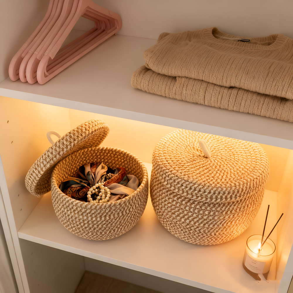 Boho - Aufbewahrungskorb rund mit Deckel aus Jute-Baumwolle