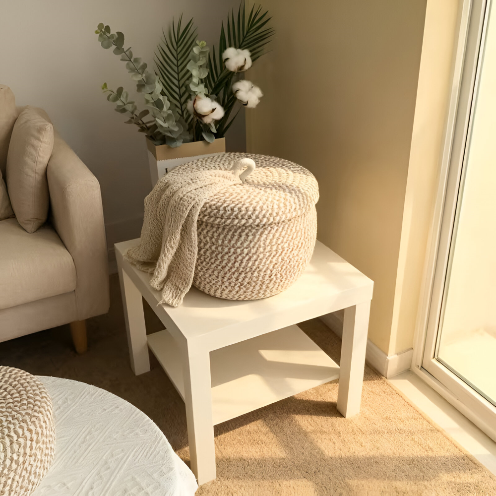 Boho - Aufbewahrungskorb rund mit Deckel aus Jute-Baumwolle