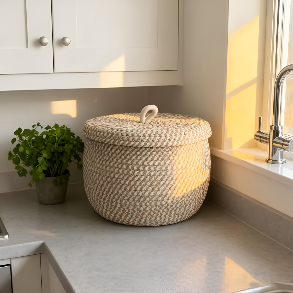 Boho - Aufbewahrungskorb rund mit Deckel aus Jute-Baumwolle