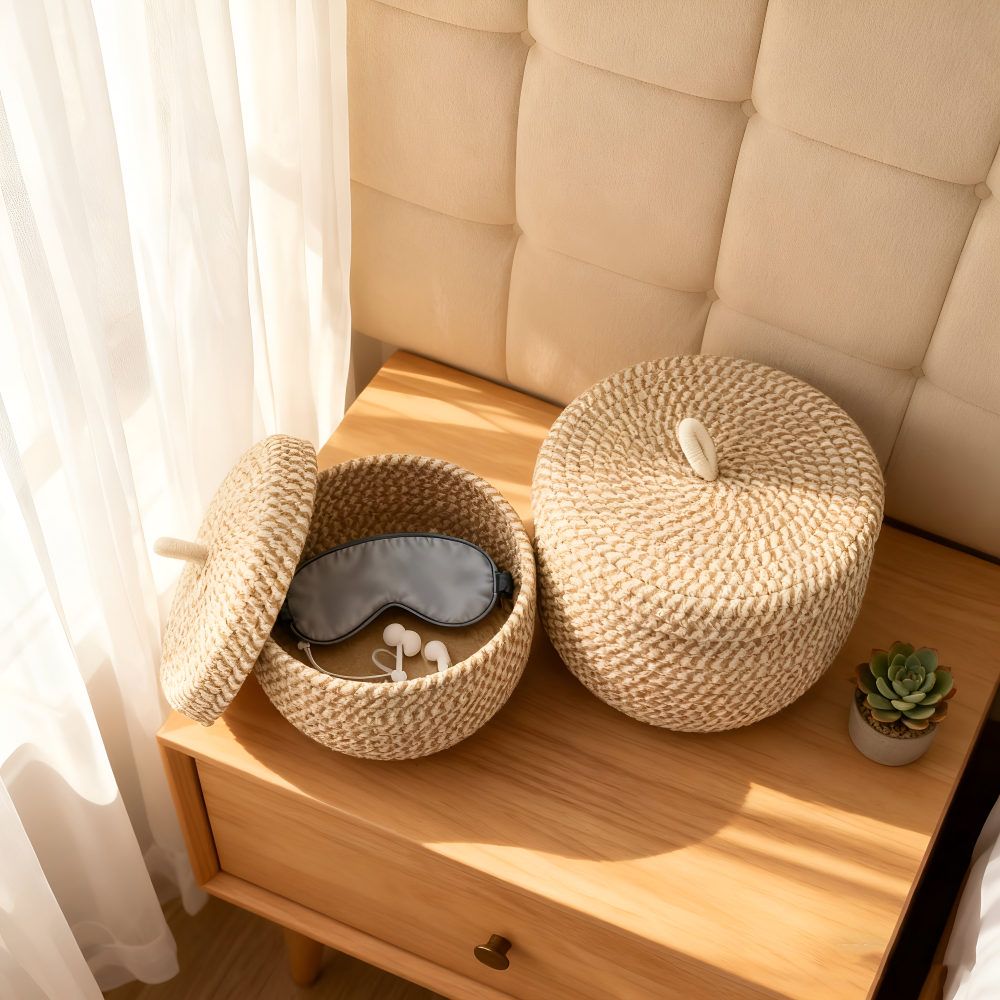 Boho - Aufbewahrungskorb rund mit Deckel aus Jute-Baumwolle