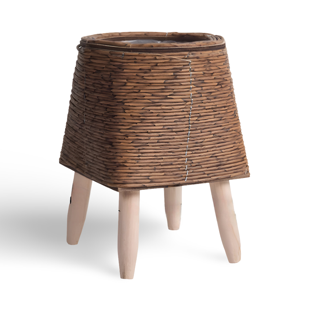 Rattanoptik - Pflanzgefäß mit Holzfüßen