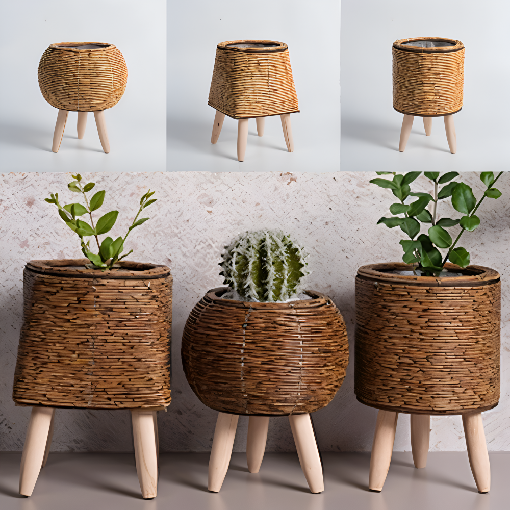 Rattanoptik - Pflanzgefäß mit Holzfüßen