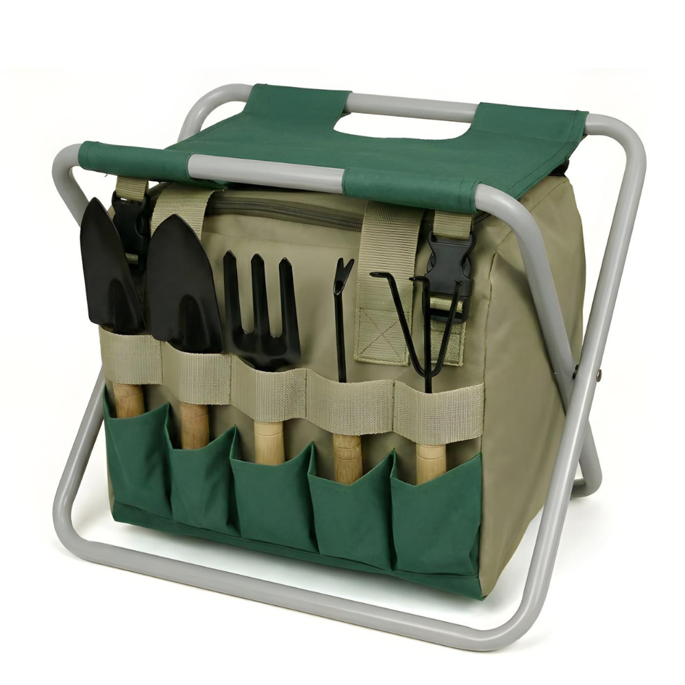 Gartenwerkzeug - Set 6-teilig mit Klapphocker & Tragetasche