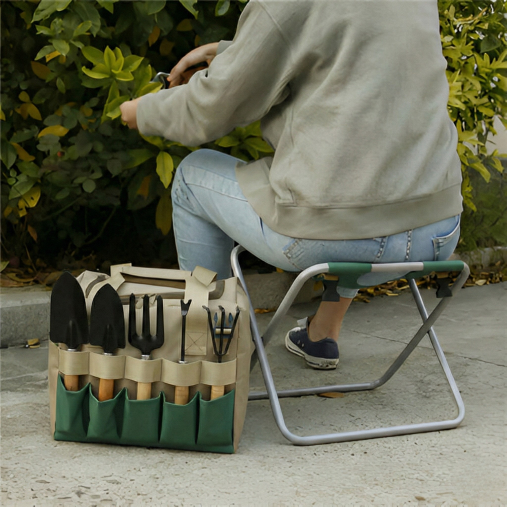 Gartenwerkzeug - Set 6-teilig mit Klapphocker & Tragetasche