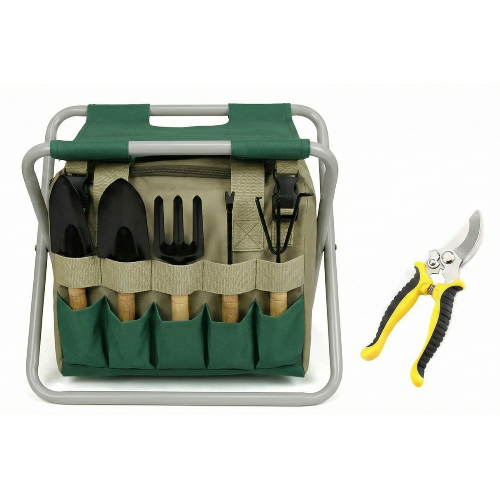Gartenwerkzeug - Set 6-teilig mit Klapphocker & Tragetasche