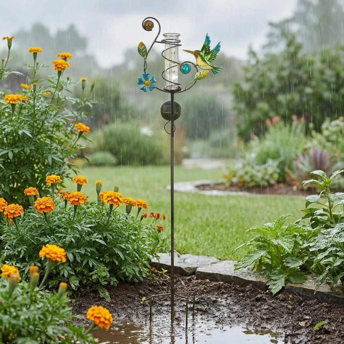 RainSpiral - Garten-Regenmesser mit Pfahl und Solar-Spiralrahmen
