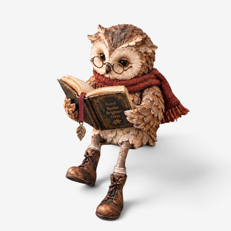 Lesevia – Lesende Eulenfigur mit Buch und runder Brille