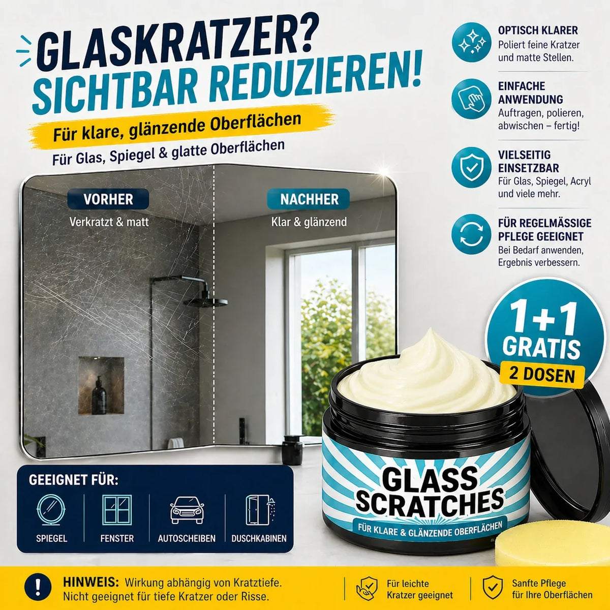ClearGlass – Glas- und Acryl-Poliercreme gegen leichte Kratzer (2 × 30 g)