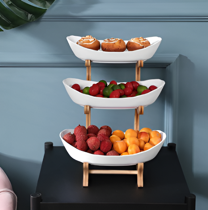 Mehrstöckige - Obstschale mit Holz-Halter