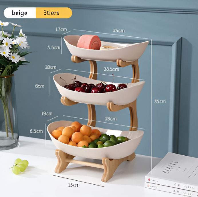 Mehrstöckige - Obstschale mit Holz-Halter