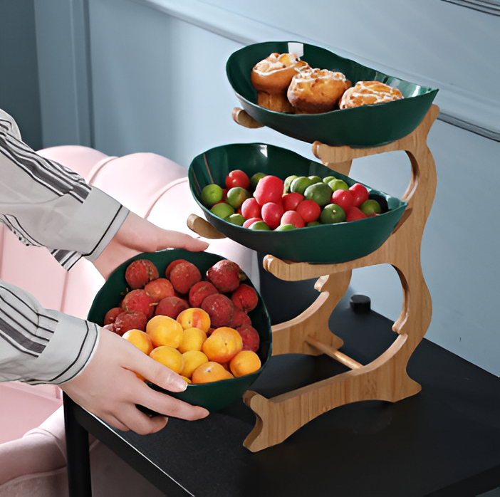 Mehrstöckige - Obstschale mit Holz-Halter