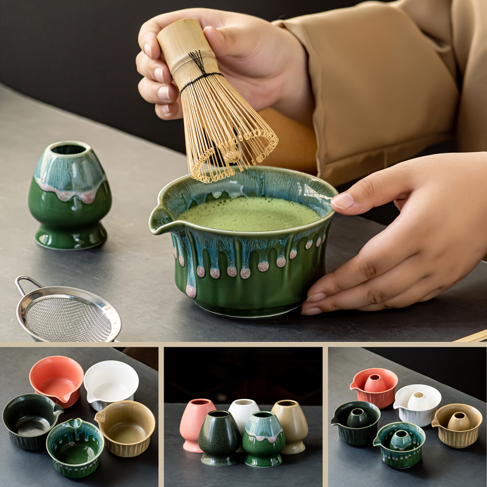 Japanisches - Matcha Tee Set 6-teilig aus Keramik & Bambus