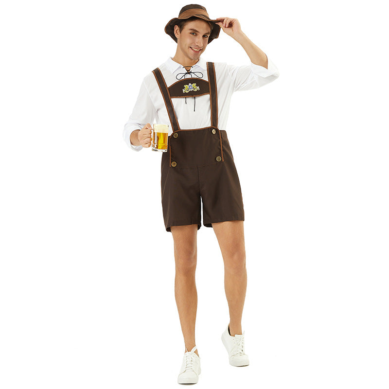 Herren kurze Trachtenlederhose mit besticktem Brustlatz