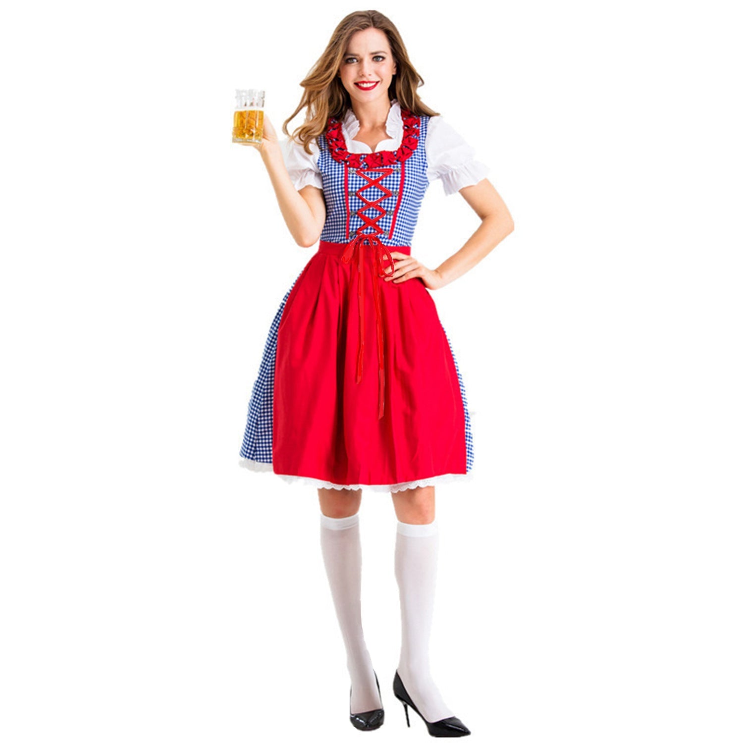 Damen Karo-Dirndl mit Rüschenkragen und Schnürung