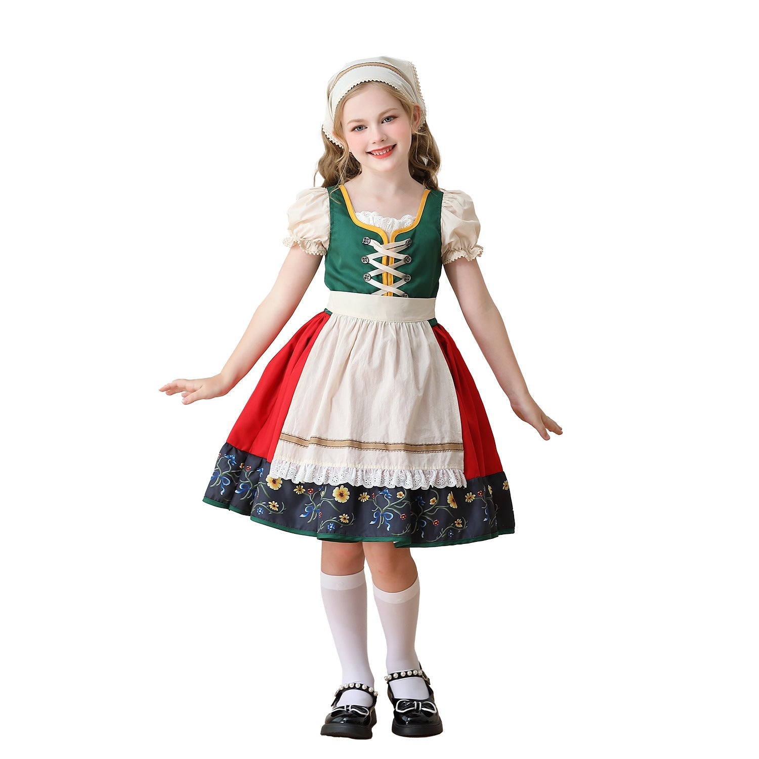 Mädchen Trachtenkleid mit Schürze und Kopftuch