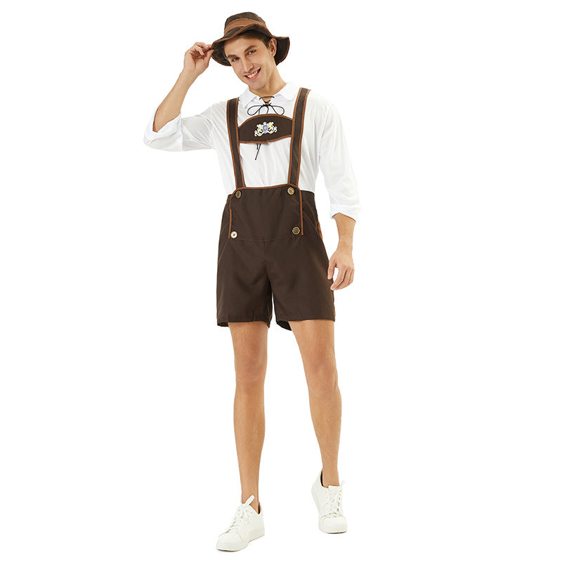 Herren kurze Trachtenlederhose mit besticktem Brustlatz