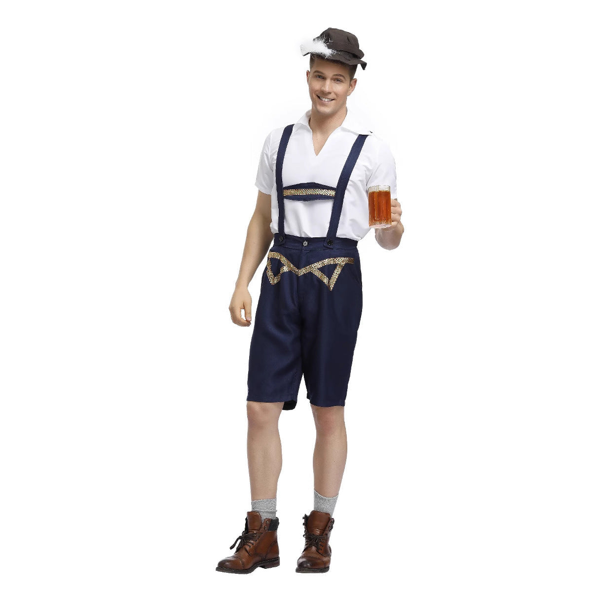 Herren kurze Lederhose mit Trägern und Stickerei