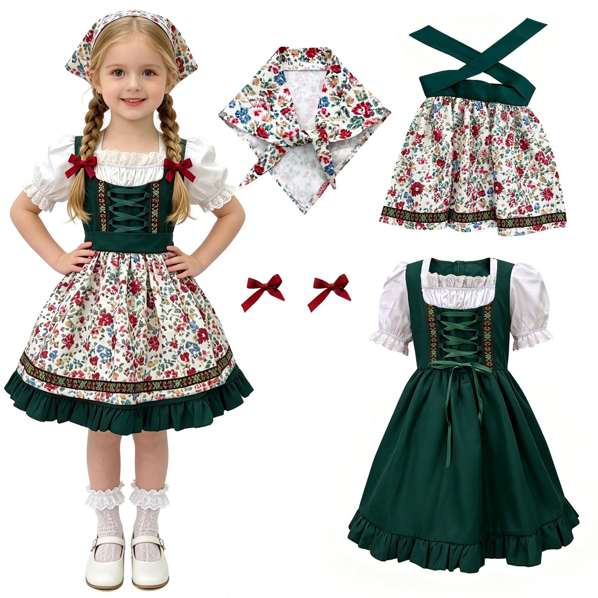 Mädchen Trachtenkleid mit Schürze und Haarband