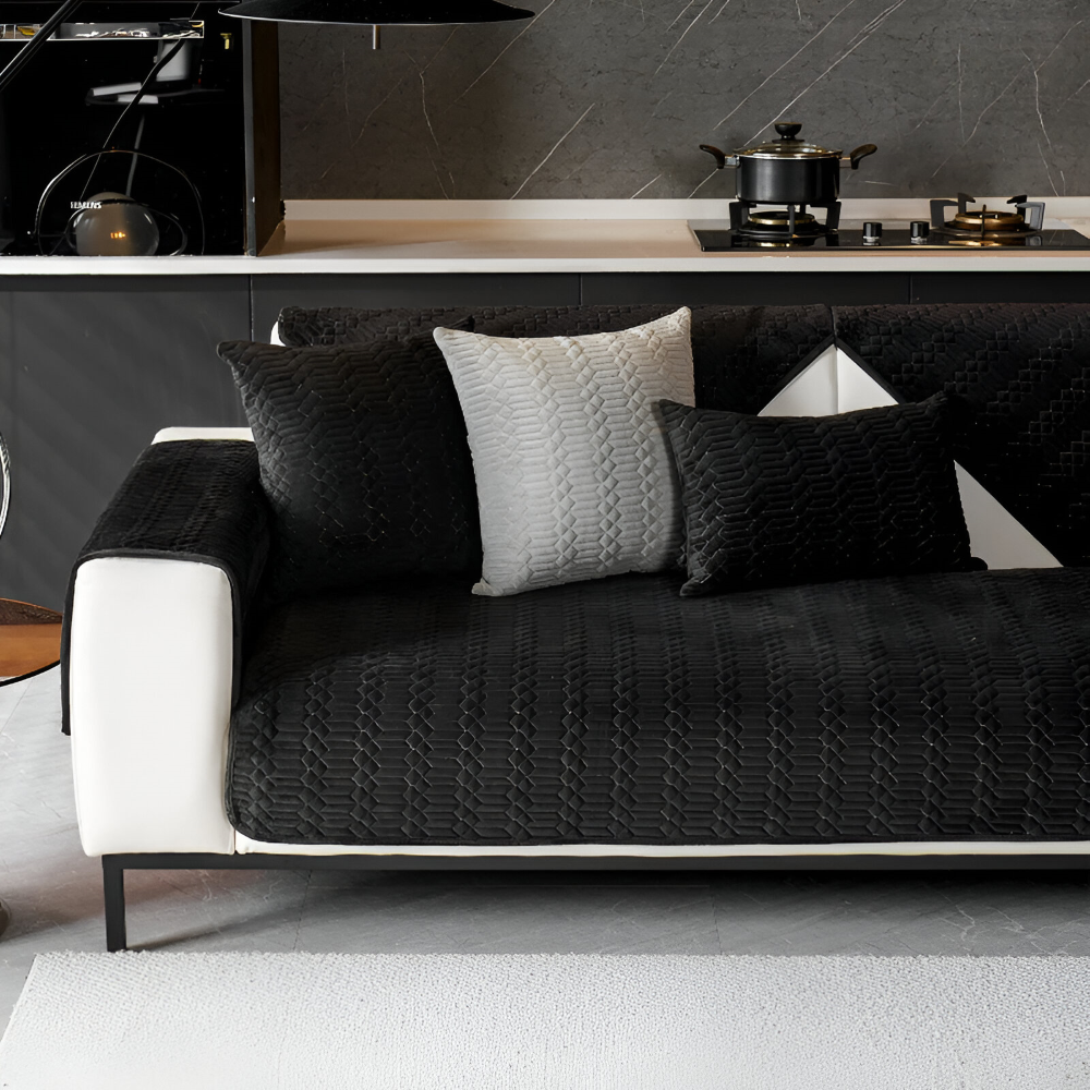 Premium Plüschsamt Sofabezug - Stilvoller Schwarzer Sofabezug mit Anti-Rutsch Beschichtung & Geometrisches Muster