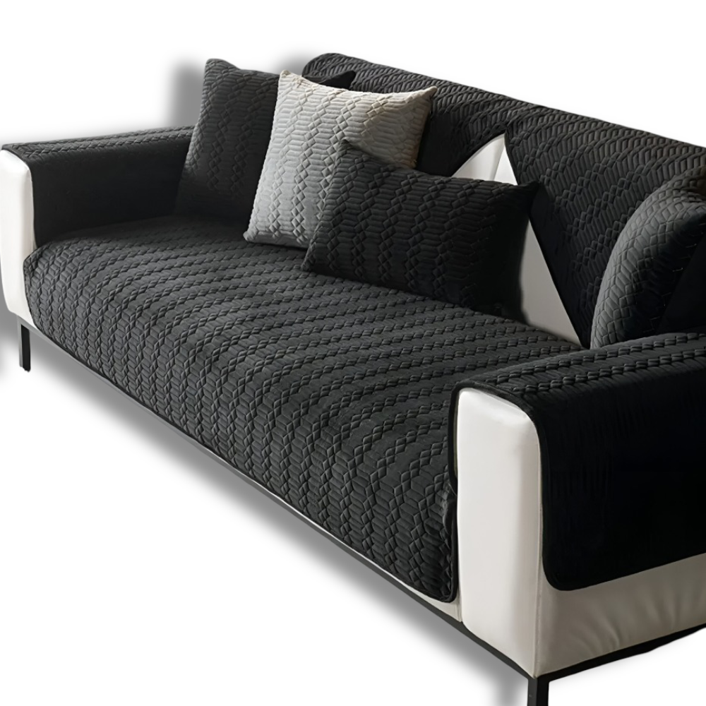 Premium Plüschsamt Sofabezug - Stilvoller Schwarzer Sofabezug mit Anti-Rutsch Beschichtung & Geometrisches Muster
