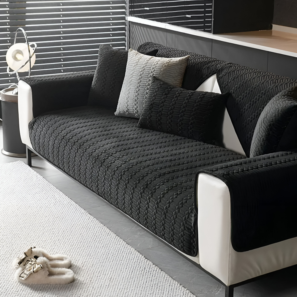 Premium Plüschsamt Sofabezug - Stilvoller Schwarzer Sofabezug mit Anti-Rutsch Beschichtung & Geometrisches Muster