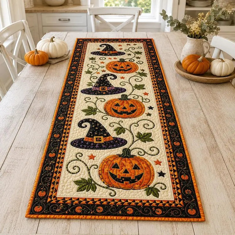 PumpkinDecor - Halloween-Tischläufer mit Kürbissen und Hexenhüten