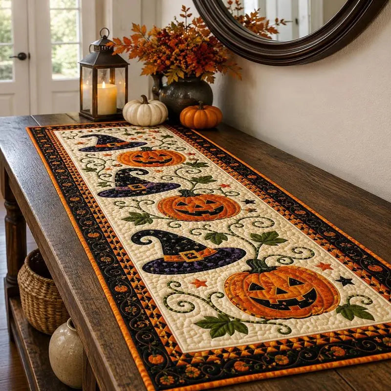 PumpkinDecor - Halloween-Tischläufer mit Kürbissen und Hexenhüten