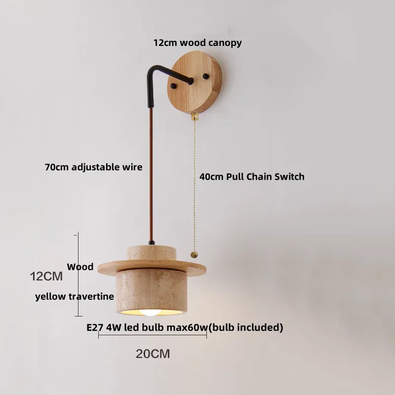 Lumera - Wandleuchte aus Travertin und Holz mit Zugschalter
