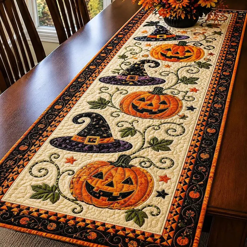 PumpkinDecor - Halloween-Tischläufer mit Kürbissen und Hexenhüten
