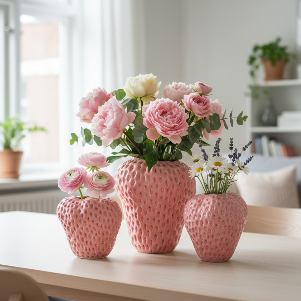 Handgefertigte Erdbeer-Keramik-Blumenvase – Elegante Wohnkultur