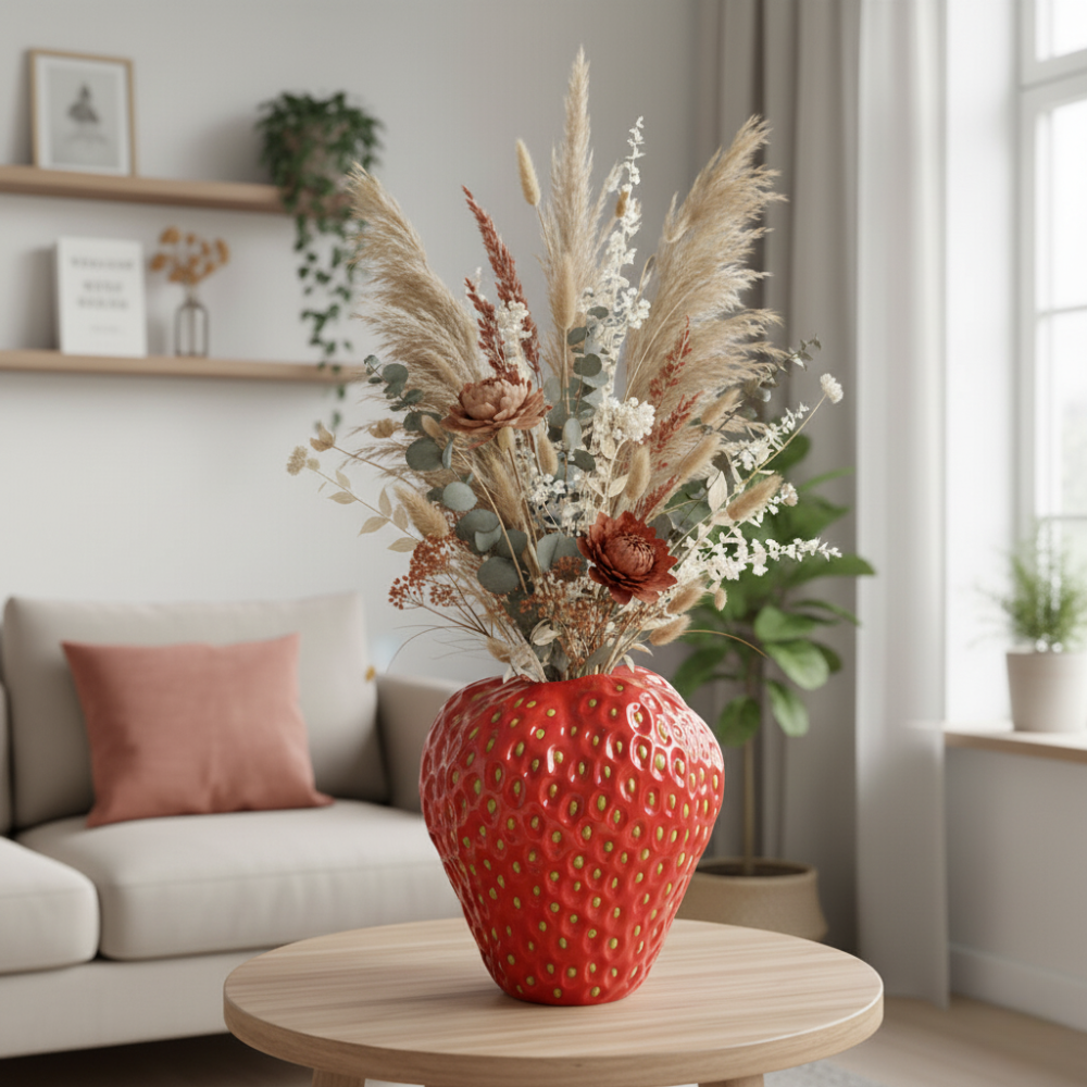 Handgefertigte Erdbeer-Keramik-Blumenvase – Elegante Wohnkultur