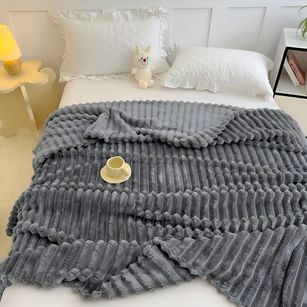 StripyFaux Plaid - Dicke Gerippte Plüschdecke Grau Camel Fleece Decke - Weiche Kuscheldecke