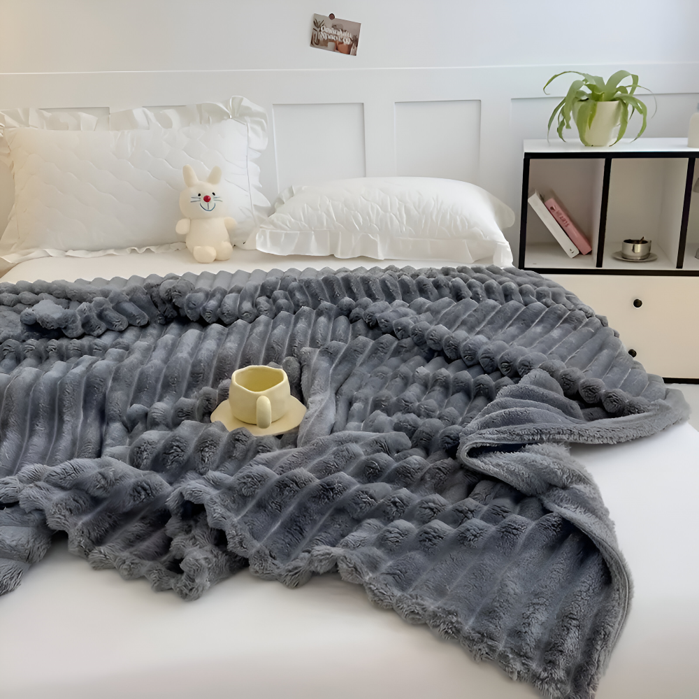 StripyFaux Plaid - Dicke Gerippte Plüschdecke Grau Camel Fleece Decke - Weiche Kuscheldecke