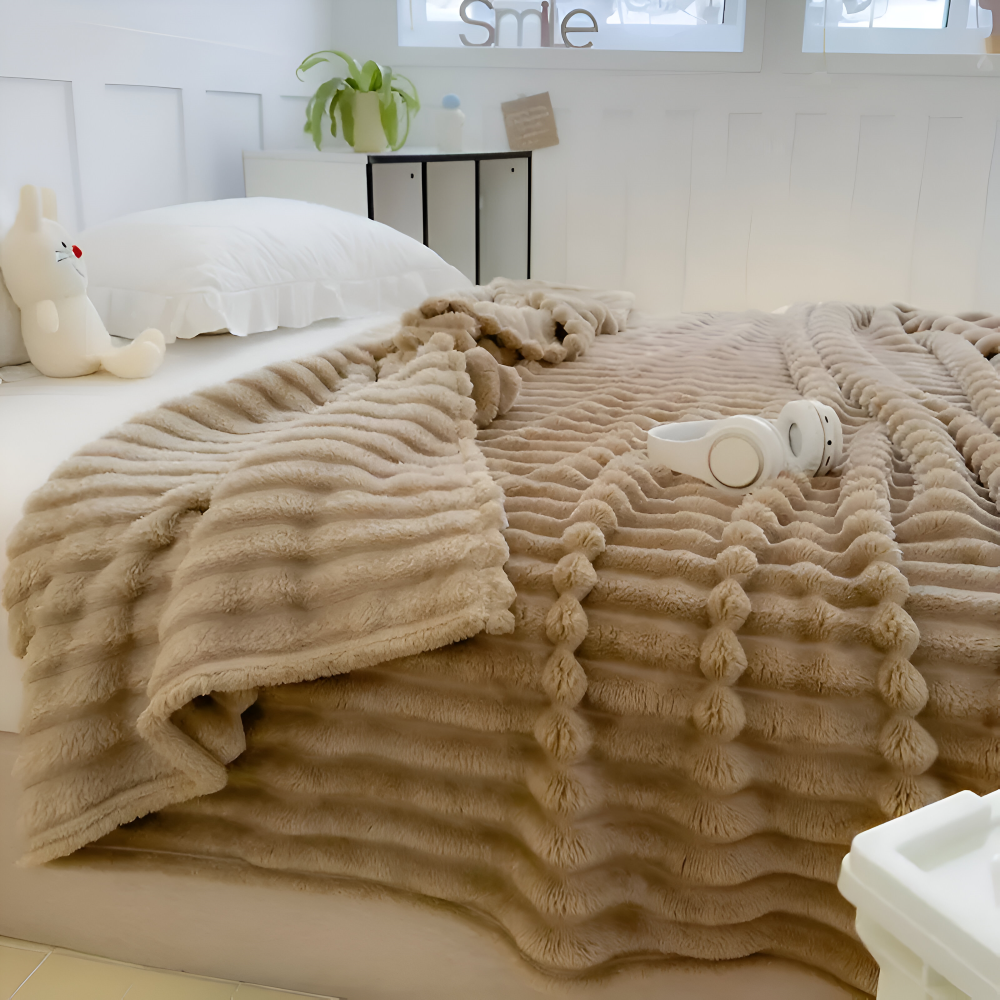 StripyFaux Plaid - Dicke Gerippte Plüschdecke Grau Camel Fleece Decke - Weiche Kuscheldecke