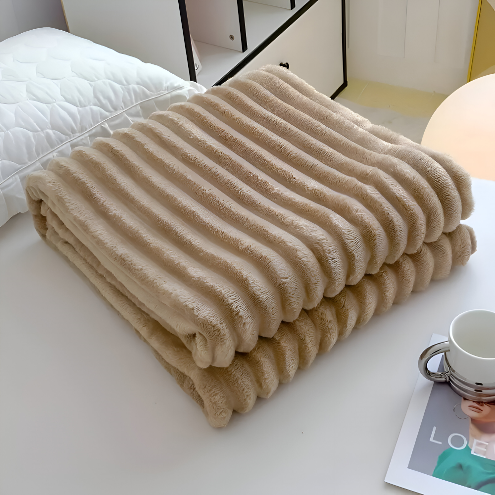 StripyFaux Plaid - Dicke Gerippte Plüschdecke Grau Camel Fleece Decke - Weiche Kuscheldecke