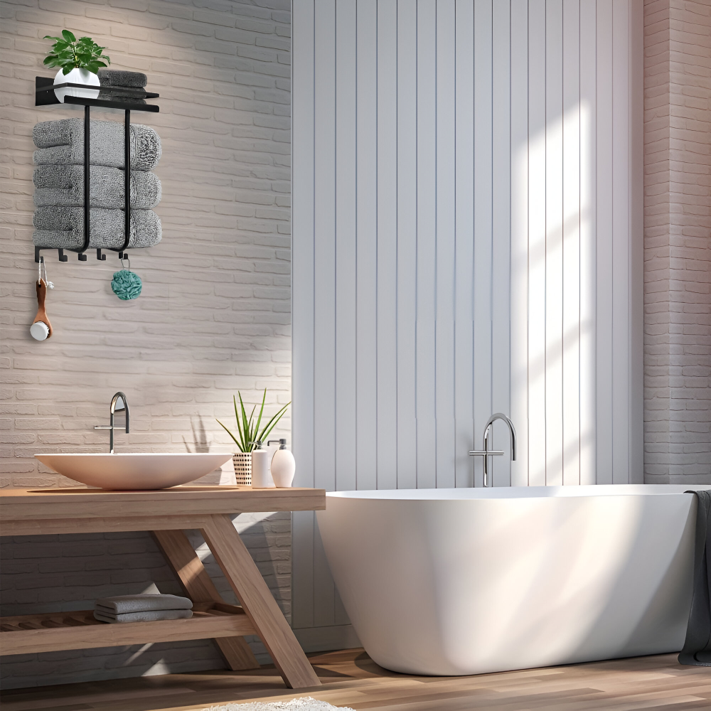 Stilvoller Schwarzer Metall-Handtuchhalter - Wandmontierter Handtuchorganizer mit Ablage und Haken