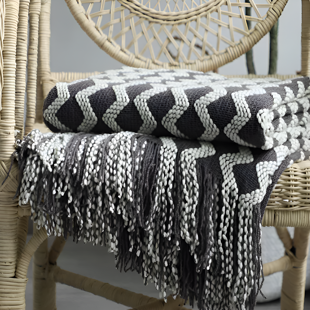 Wavi - Plaid - Kuscheldecke Boho Wellenmuster mit Quasten
