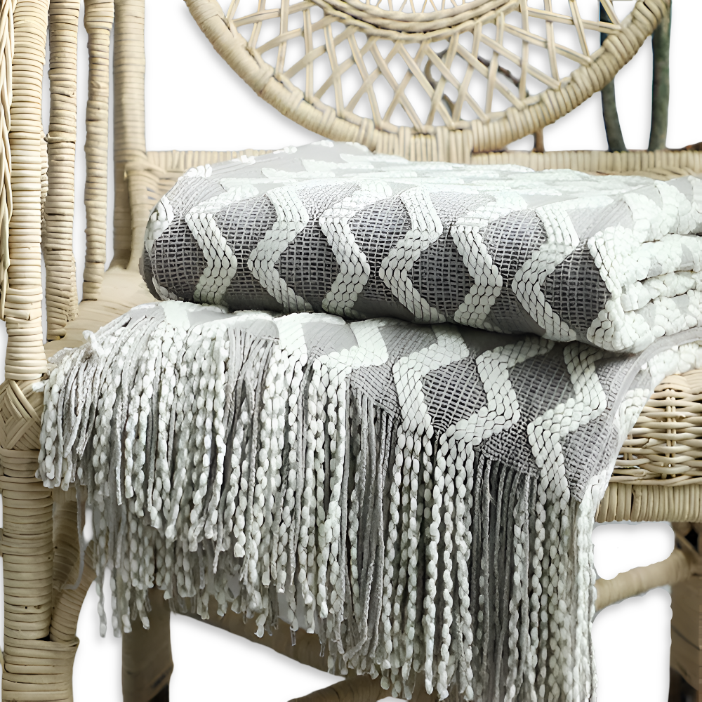Wavi - Plaid - Kuscheldecke Boho Wellenmuster mit Quasten