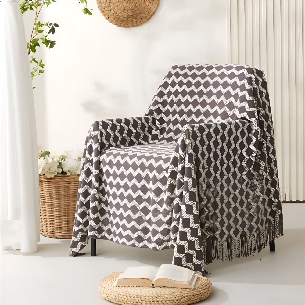 Wavi - Plaid - Kuscheldecke Boho Wellenmuster mit Quasten