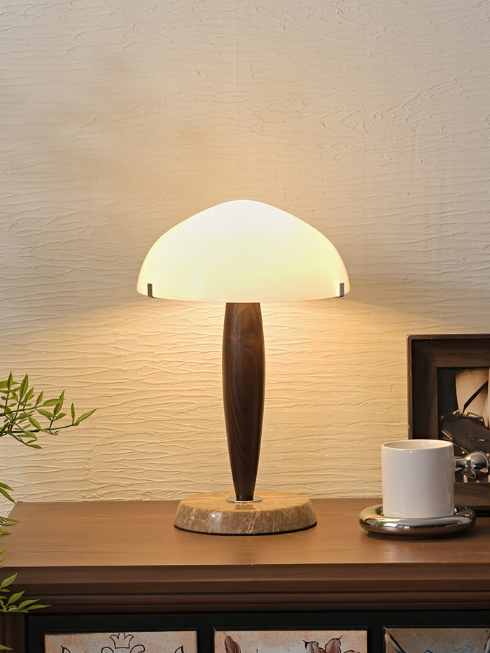 Mesalux - Elegante Tischlampe aus Glas & Walnuss mit Marmor
