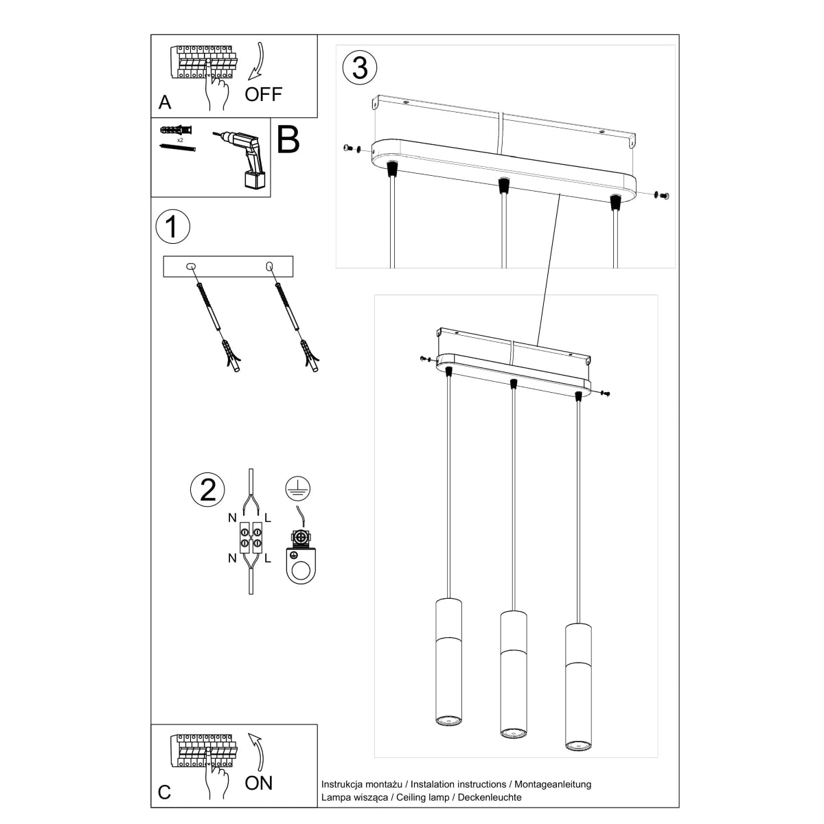 GU10 - Beton-Pendelleuchte GU10, 3-flammig, weiß/grau