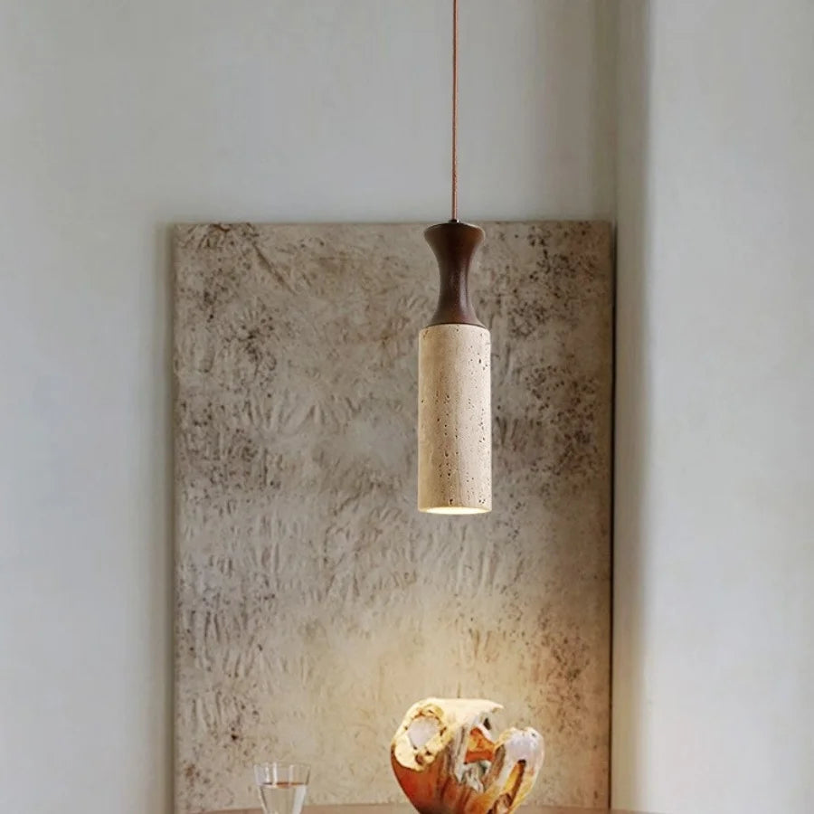 Wabi - Sabi Pendelleuchte aus Travertin und Holz