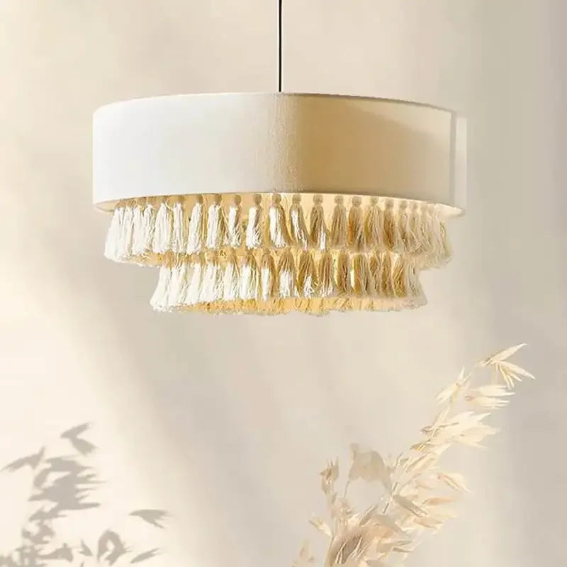 Boho - Wabi Sabi Stoff-Pendelleuchte mit Fransen