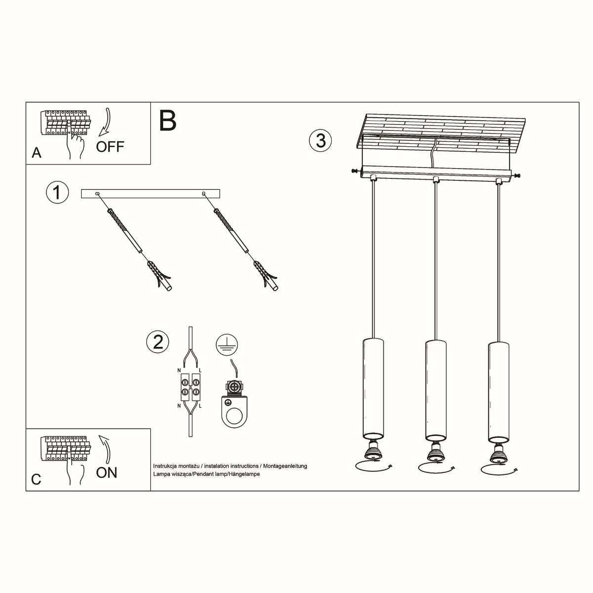 LAGOS - 3L Schwarze Pendelleuchte, 3-flammig, GU10