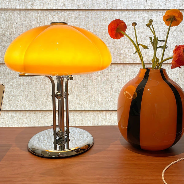 Lino - Bauhaus-Pilz-Tischleuchte mit bernsteinfarbenem