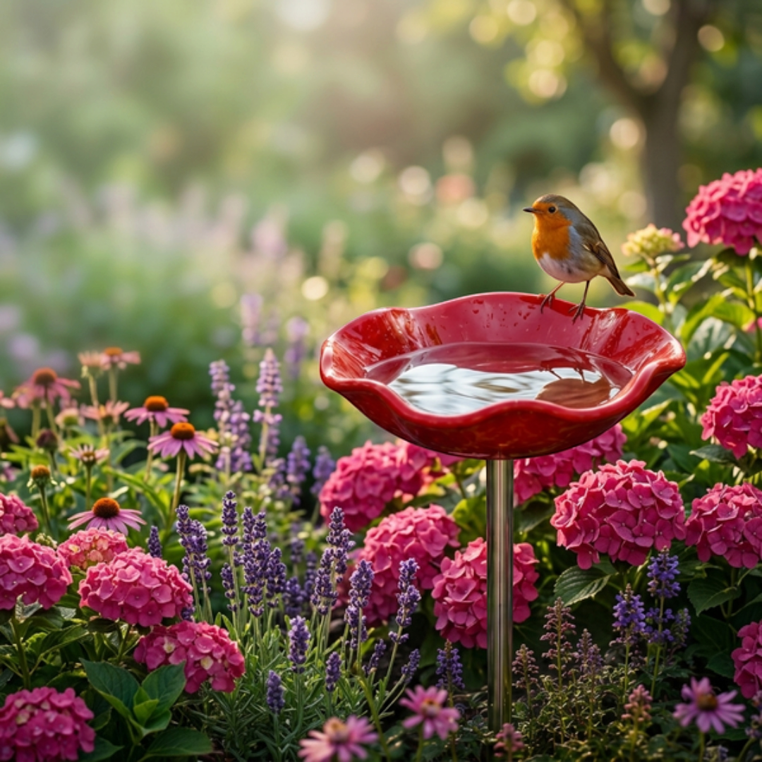 FeatherBloom - Roter Vogelfutterautomat mit Wasserschale