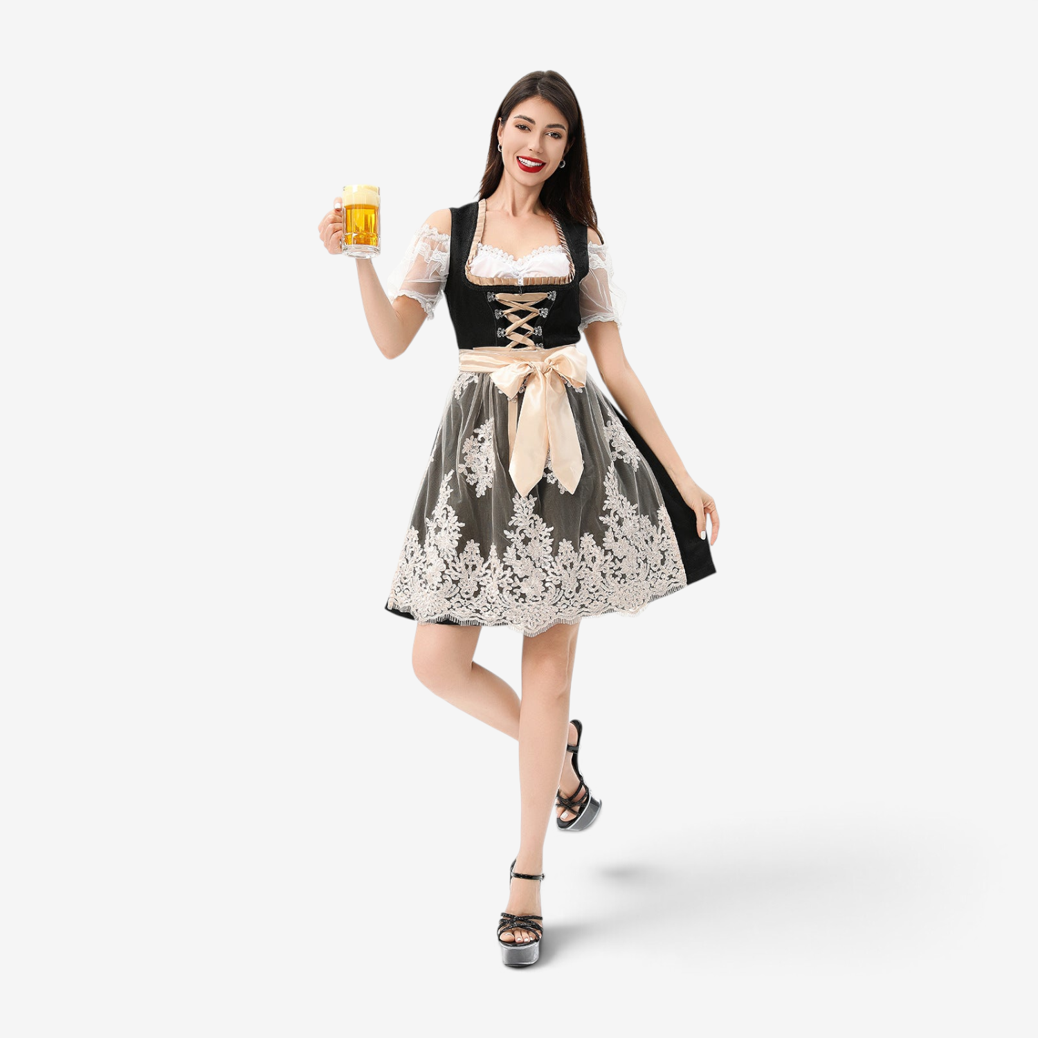 Damen Dirndlkleid mit Spitzenüberrock und Satinband