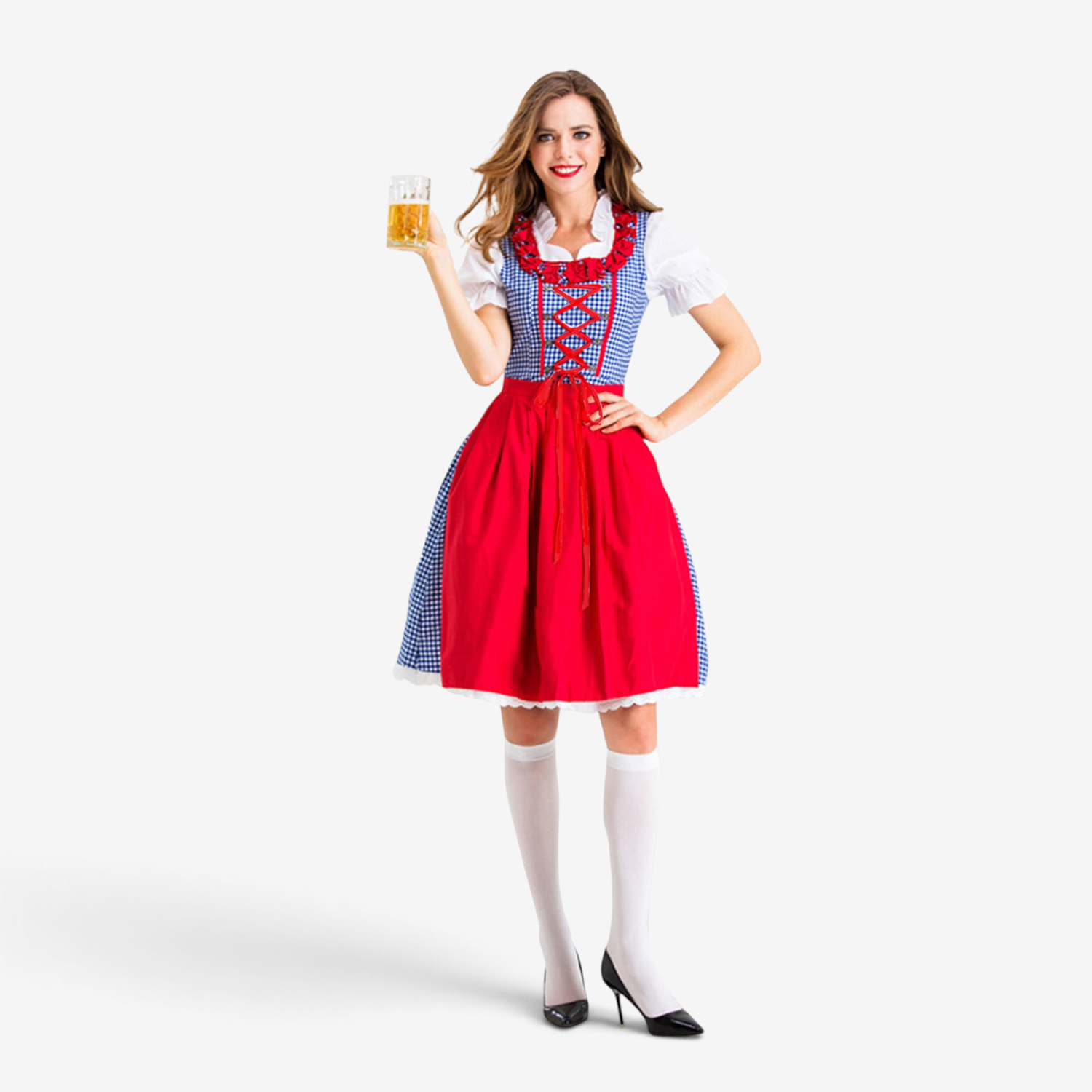Damen Karo-Dirndl mit Rüschenkragen und Schnürung