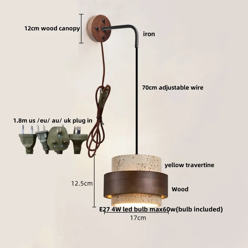Lumera - Wandleuchte aus Travertin und Holz mit Zugschalter