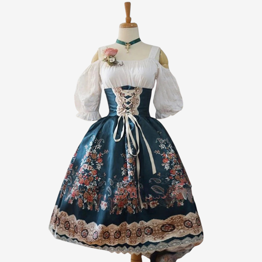Dirndl für Damen mit Blumenmuster und Schürze